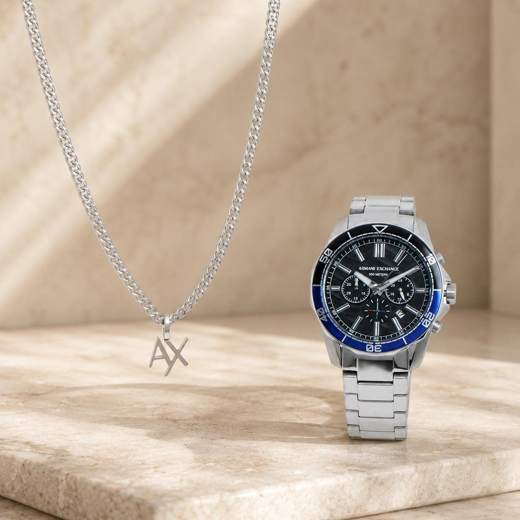 Armani Exchange Chronograph Watch & Necklace Set, Silver Steel, Mens Gift