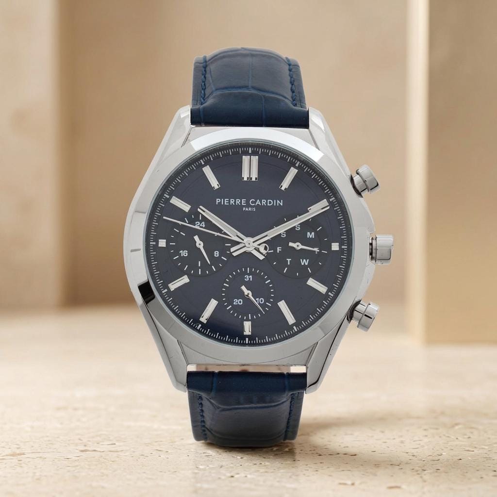 Pierre Cardin Blue Chronograph Watch, Mens Leather Watch, Gift for Him