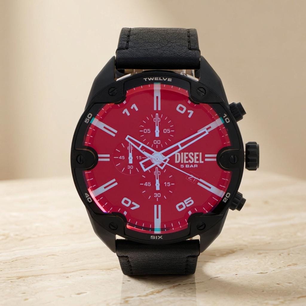 Diesel Black Leather Chronograph Watch,  Mens Gift, Red Dial