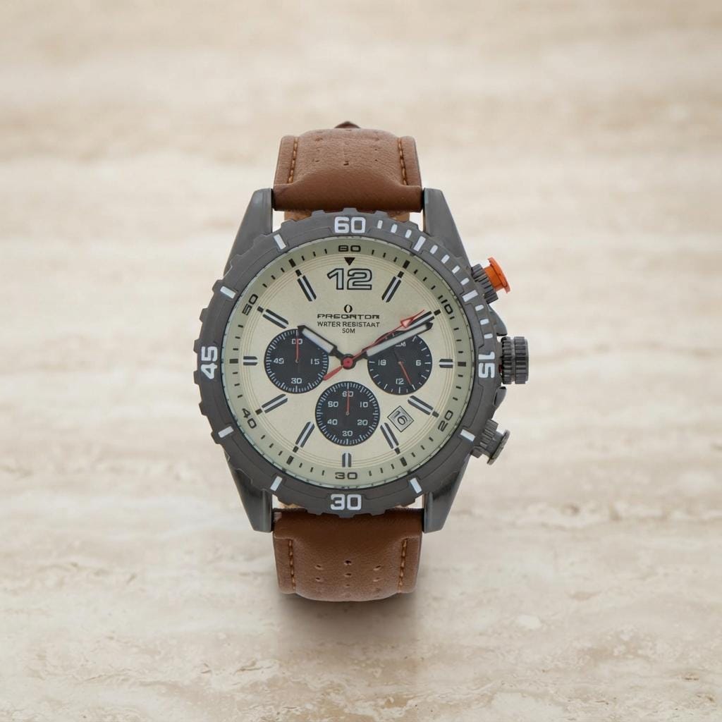 Predator Brown Leather Chronograph Watch, Mens Sport Gift