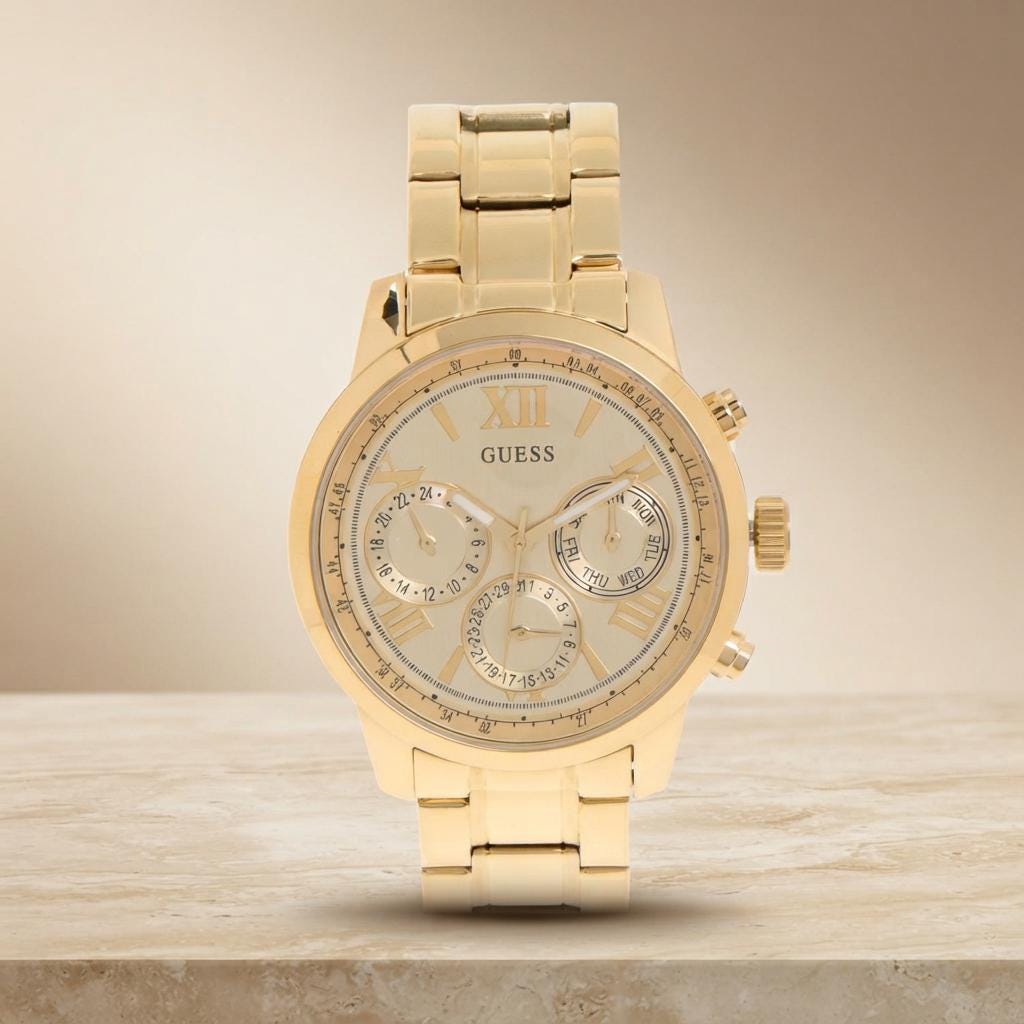 Guess Gold Chronograph Watch, Men's Luxury Gift, Roman Numeral Dial, Steel Band