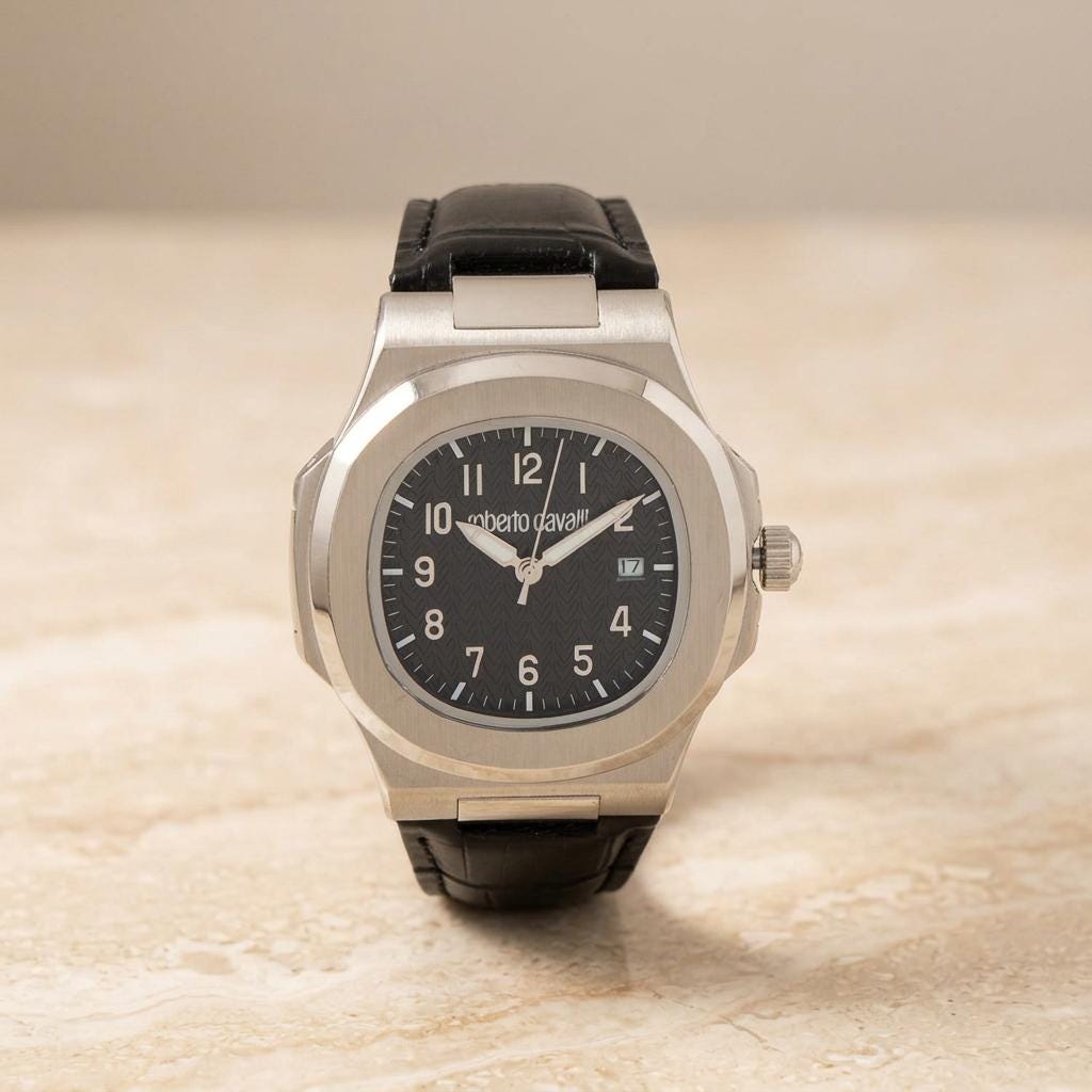 Roberto Cavalli Black Leather Watch, Mens Silver Tone Gift, Round Analog Dial