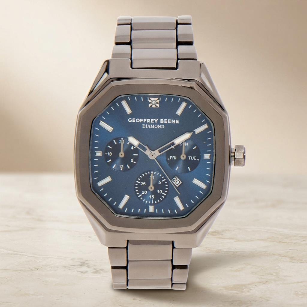 Geoffrey Beene Gunmetal Chronograph Watch, Hexagonal Bezel, Mens Gift