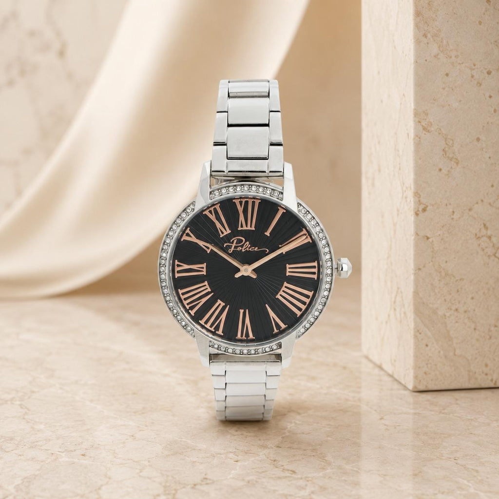 Police Silver Tone Crystal Watch, Analogue Link Bracelet, Black Dial