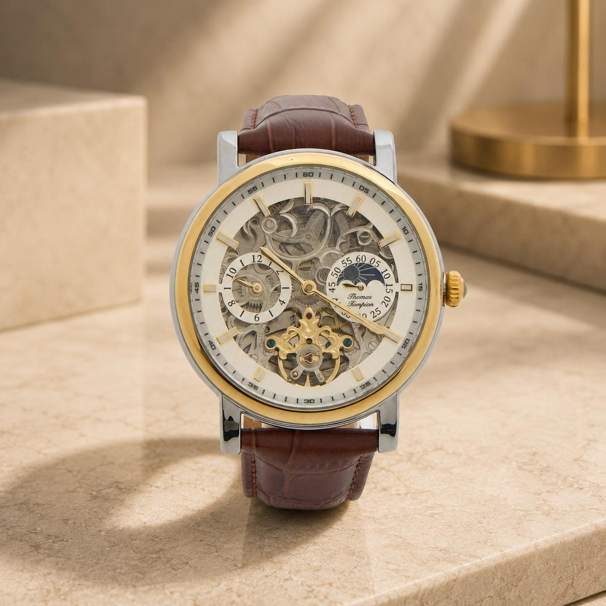 Thomas Tompion Brown Leather Automatic Watch, Skeleton Dial, Mens Gift