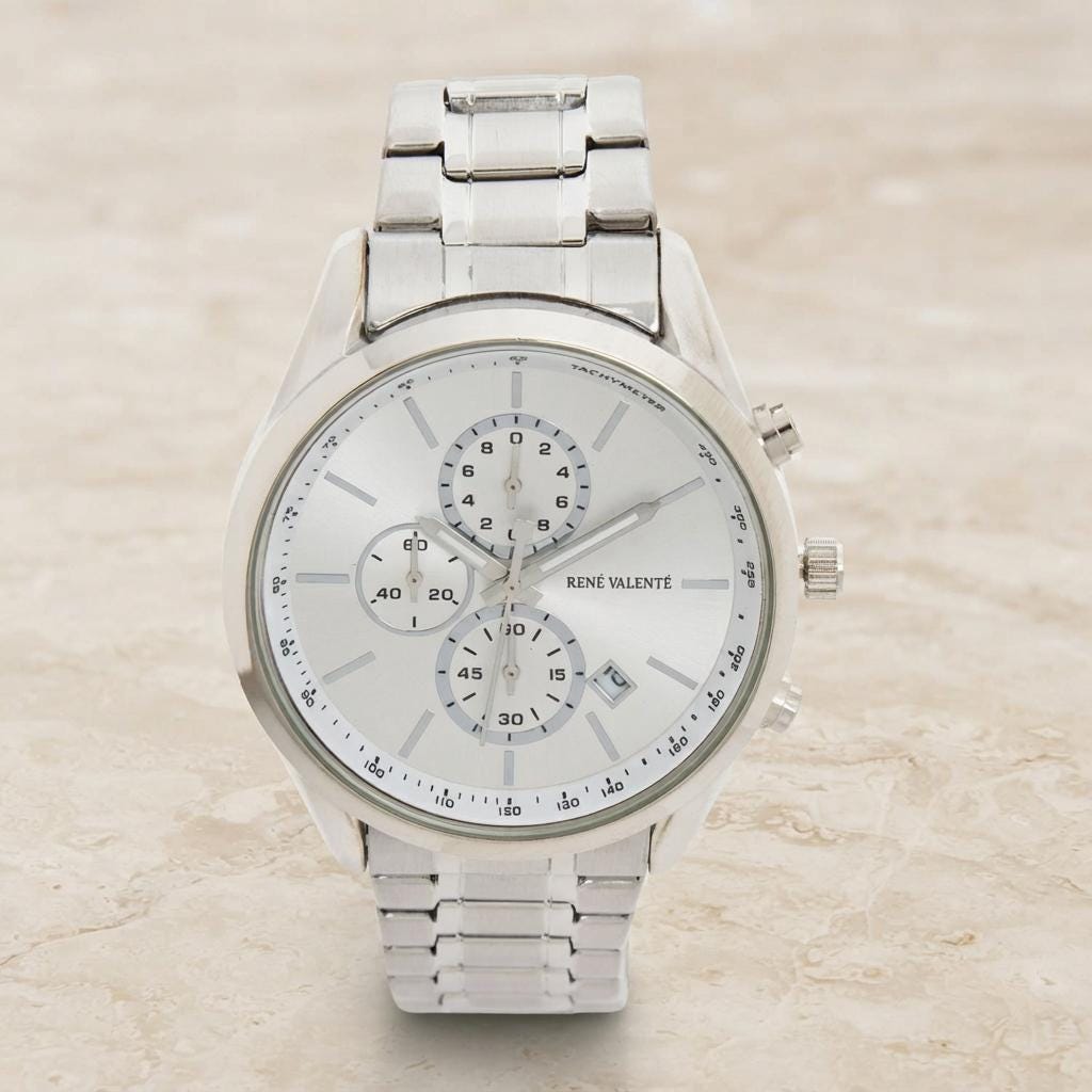René Valenté Silver Chronograph Watch, Men's Steel Gift, White Dial Watch