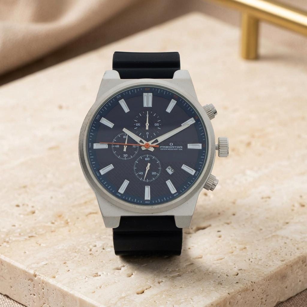 Predator Chronograph Watch, Blue & Silver Men's Gift, Silicone Strap