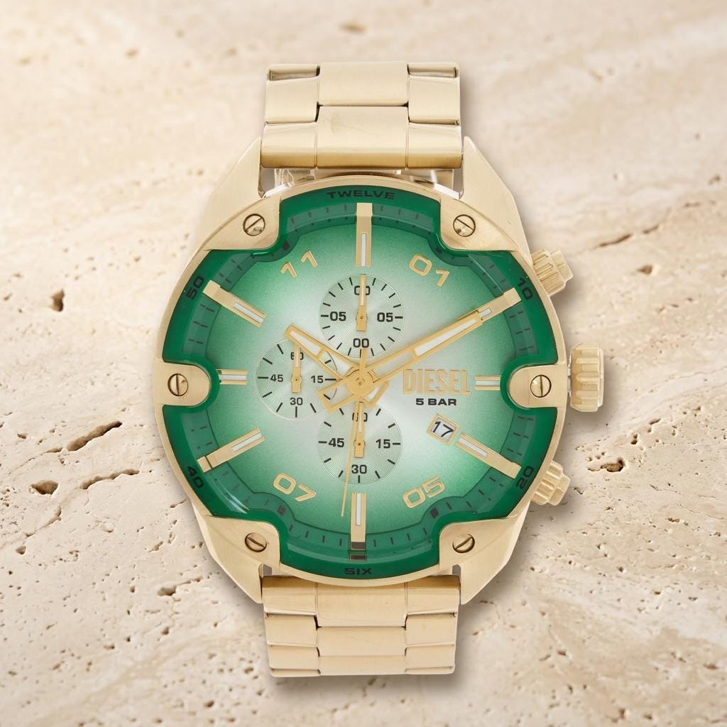 Diesel Green & Gold Chronograph Watch, Mens Stainless Steel Gift, Bold Bold