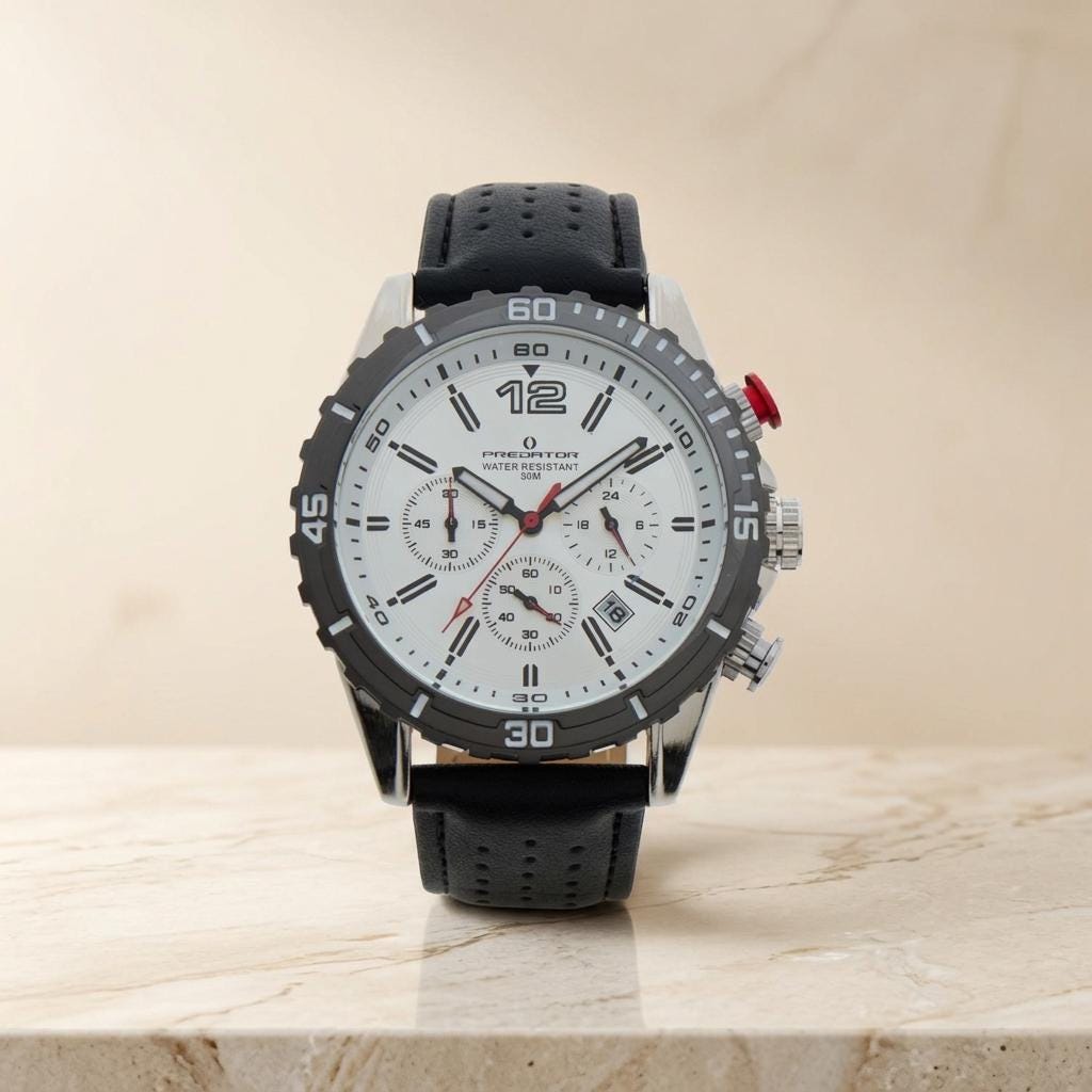 Predator Sports Chronograph Watch, Black Silver Mens Gift, Leather Strap