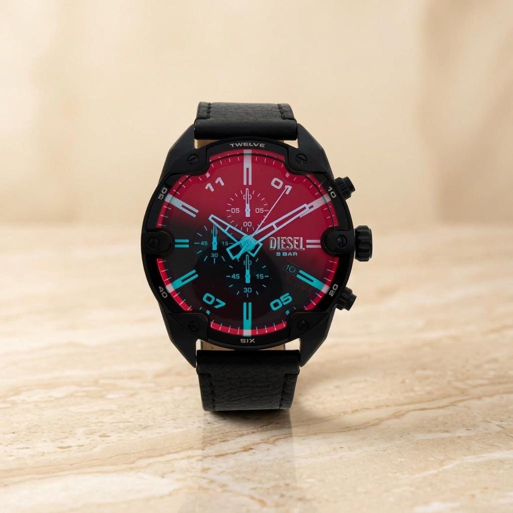Diesel Black Leather Chronograph Watch, Bold Mens Gift, Black And Red Dial