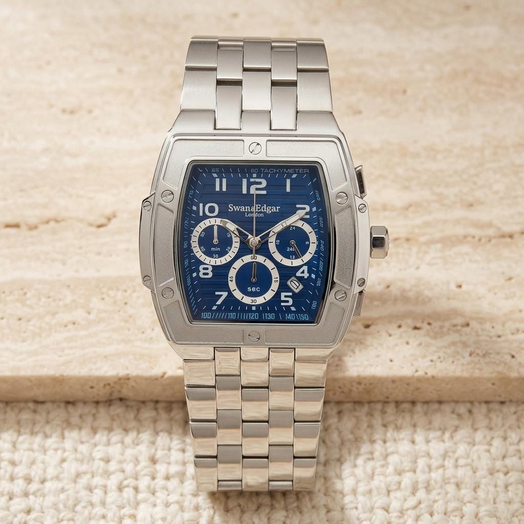 Swan & Edgar Blue Watch, Silver Tone Steel Mens Chronograph Gift