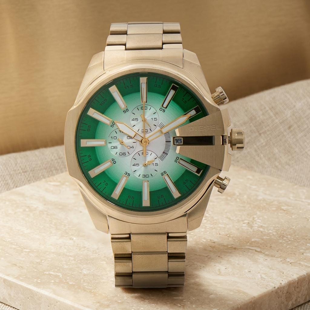 Diesel Gold Tone Mega Chief Chronograph Watch, Green Dial Mens Gift