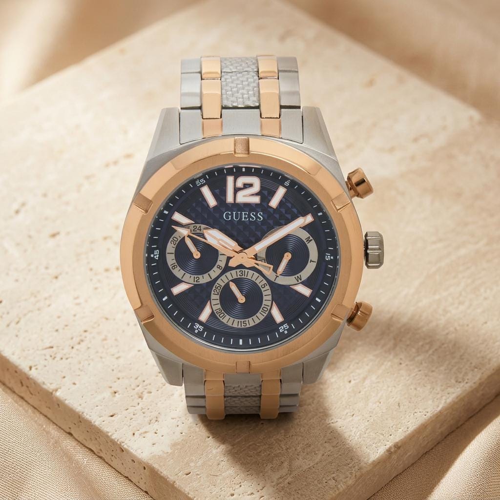 Guess Silver Rose Gold Chronograph Watch, Two Tone Mens Gift, Blue Textured Dial