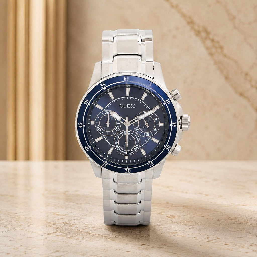 Guess Blue & Silver Chronograph Watch, Mens Stainless Steel Gift, Blue Bezel