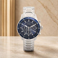 Guess Blue & Silver Chronograph Watch, Mens Stainless Steel Gift, Blue Bezel