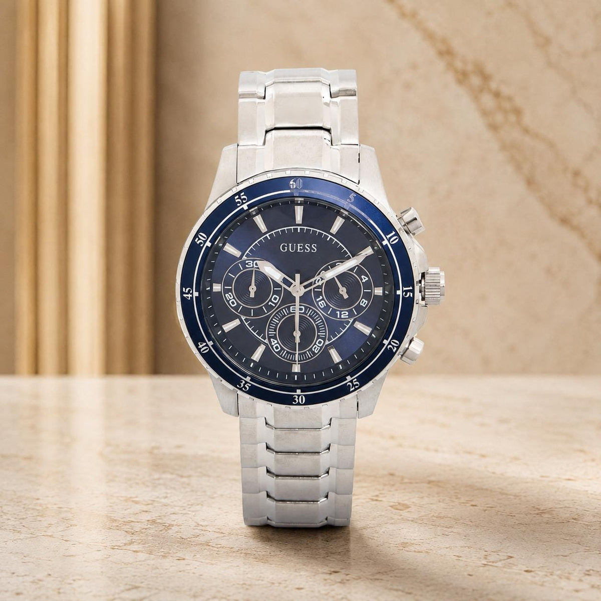 Guess Blue & Silver Chronograph Watch, Mens Stainless Steel Gift, Blue Bezel