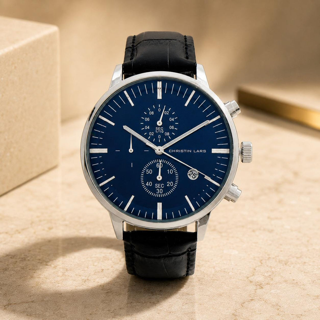 Christin Lars Navy Dial Chronograph Watch, Black Leather Strap, Mens Gift