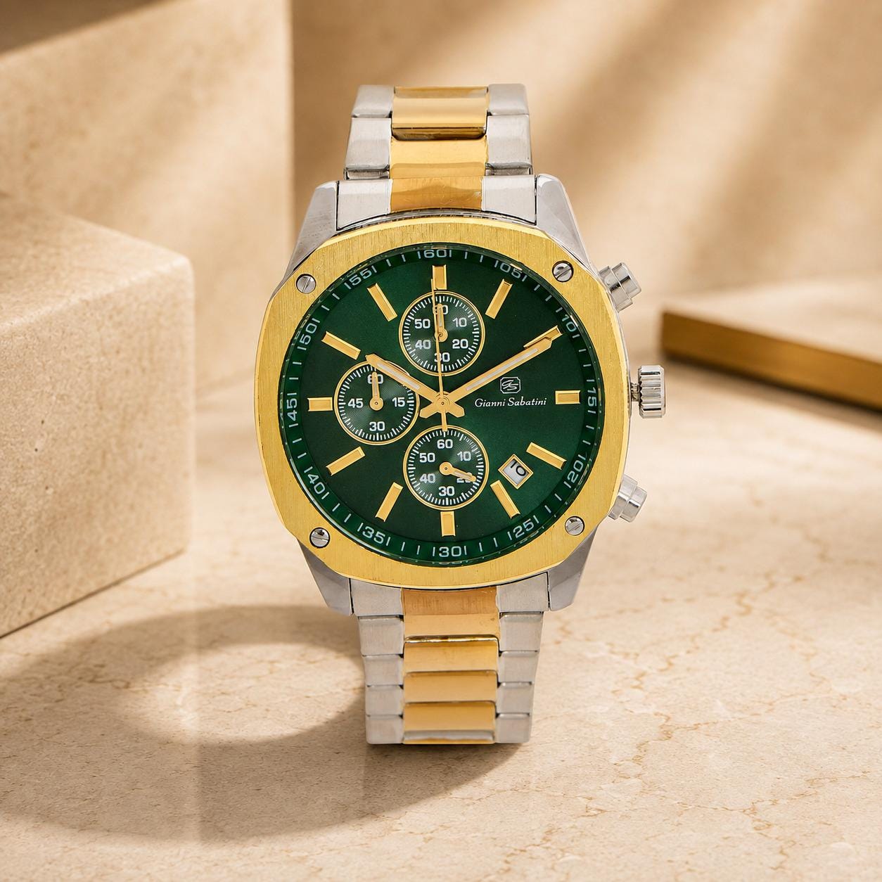 Gianni Sabatini Green Chronograph Watch, Two Tone Stainless Steel, Mens Gift