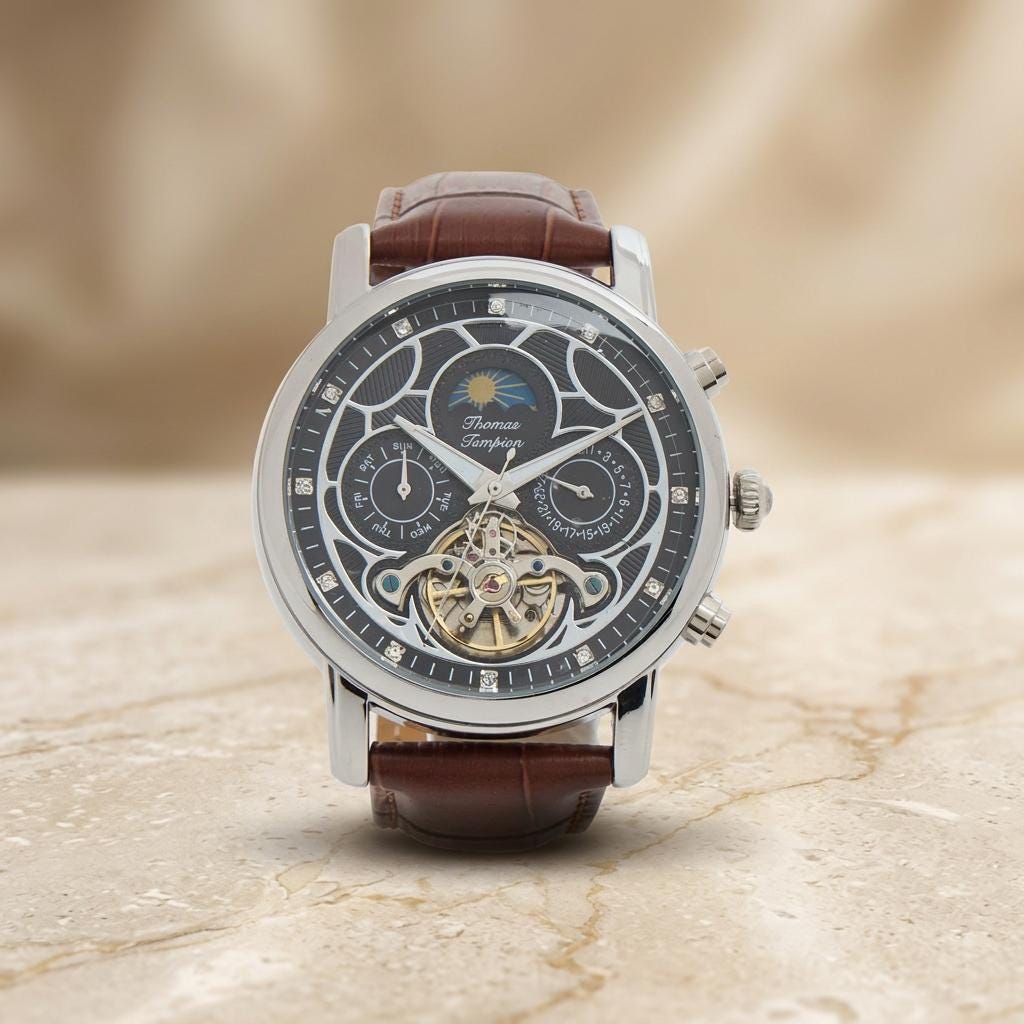 Thomas Tompion Brown Leather Skeleton Watch, Automatic Mens Gift