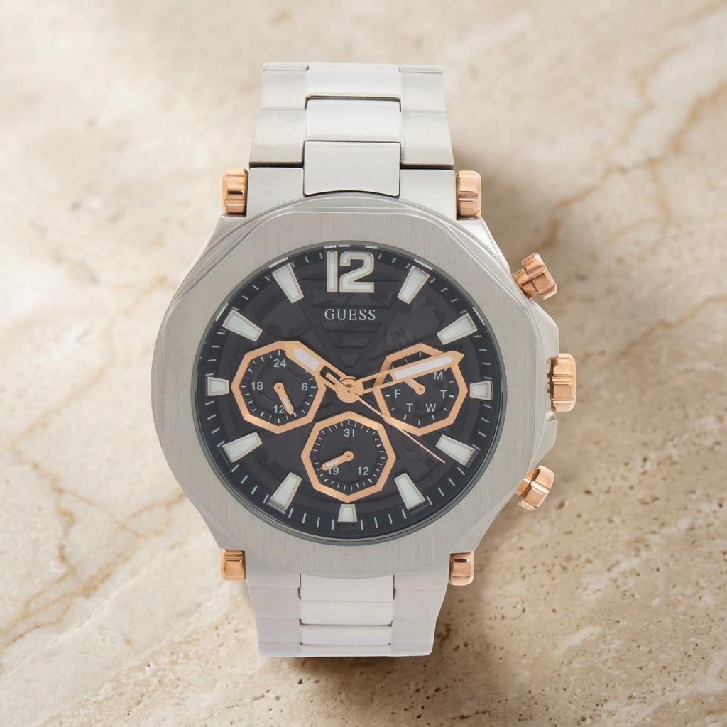 Guess Silver Rose Gold Chronograph Watch, Mens Stainless Steel Gift, Big Dial