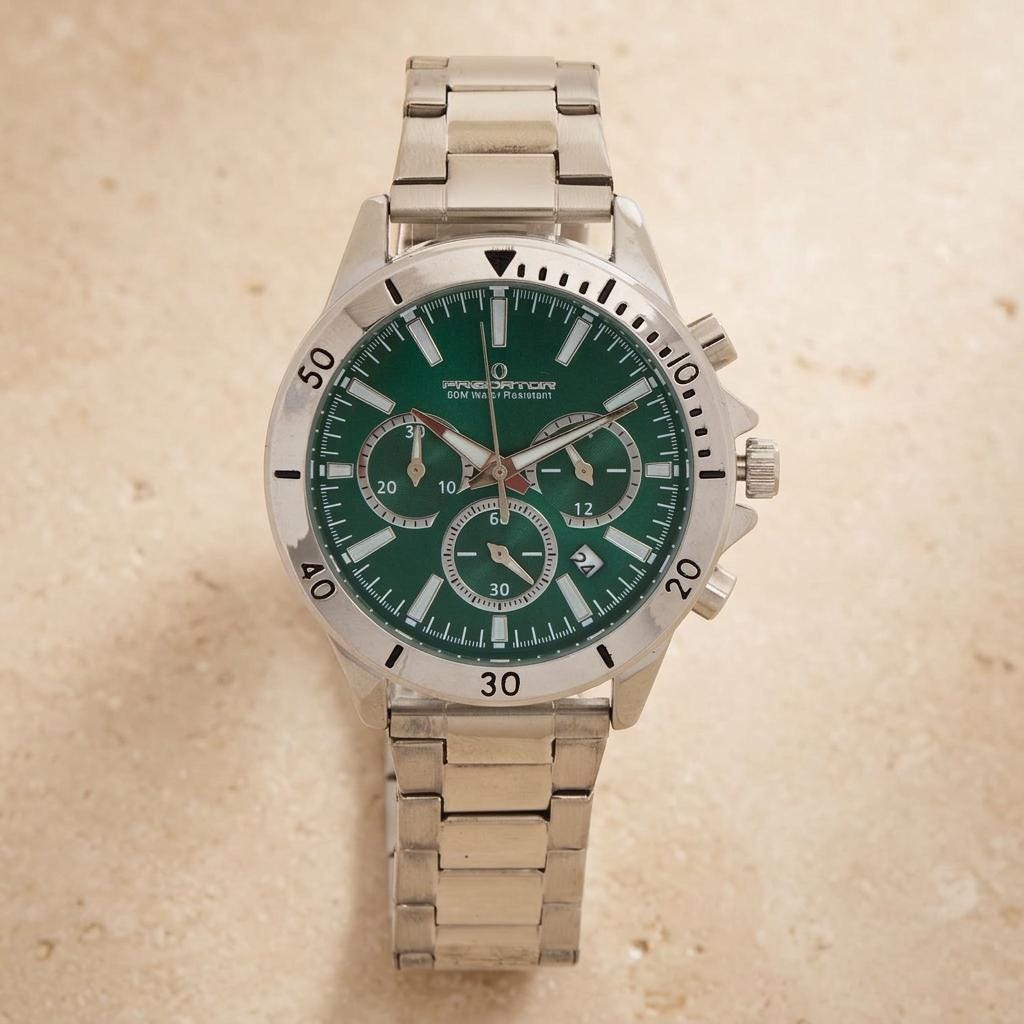 Predator Green Dial Chronograph Watch, Silver Stainless Steel Mens Gift