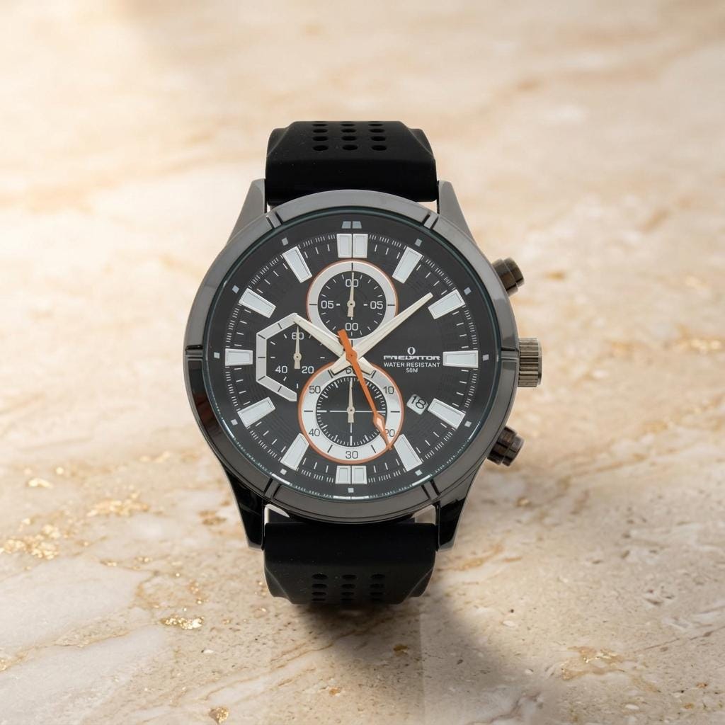 Predator Black Sports Chronograph Watch, Men's Gift, Silicone Strap