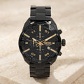 Diesel Black Gold Chronograph Watch, Mens Designer Gift, Metal Link Bracelet