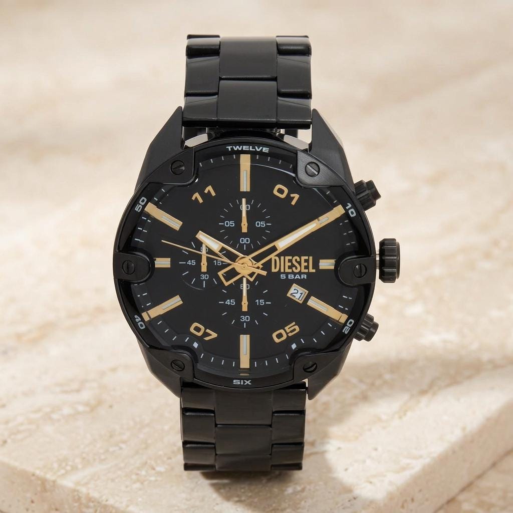 Diesel Black Gold Chronograph Watch, Mens Designer Gift, Metal Link Bracelet