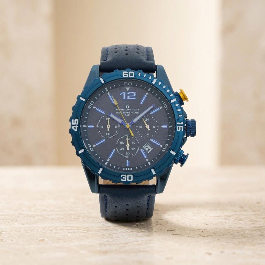 Predator Navy Blue Chronograph Watch, Men's Sports Gift, Perforated Strap