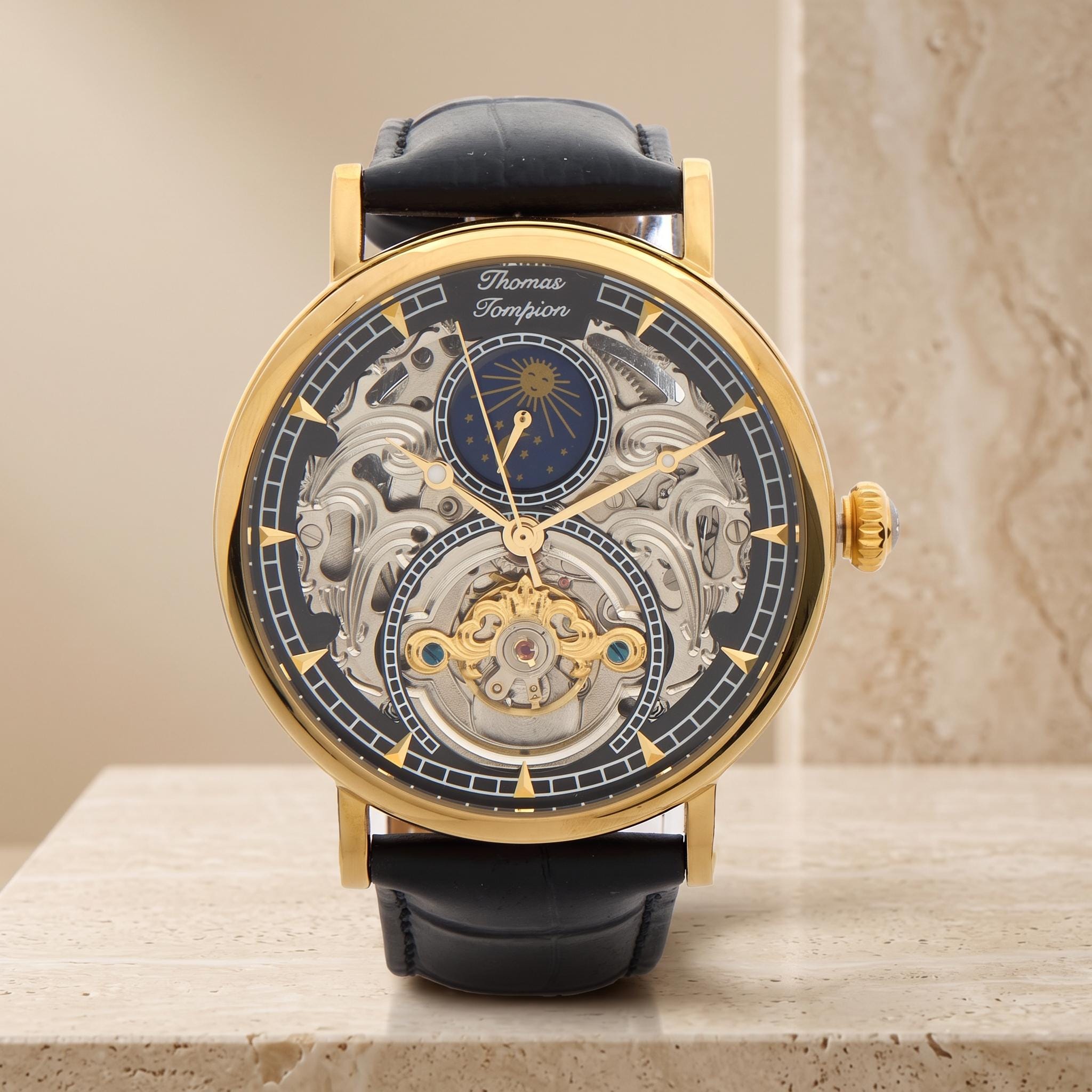Thomas Tompion Observatory Watch, Black Gold Skeleton Dial, Mens Gift