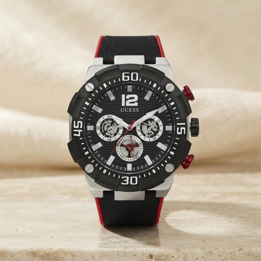 Guess Black Chronograph Watch, Mens Sports Watch, Bold Silicone Band, Gift for Him