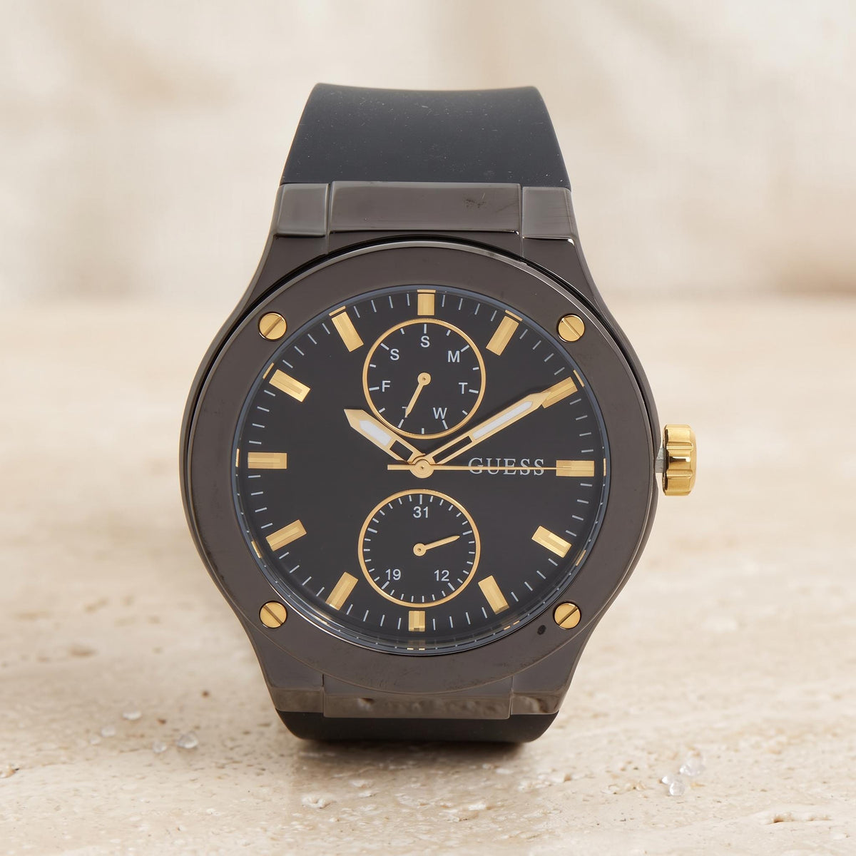 Guess Black & Gold Chronograph Watch, Mens Silicone Strap Gift Minimalist