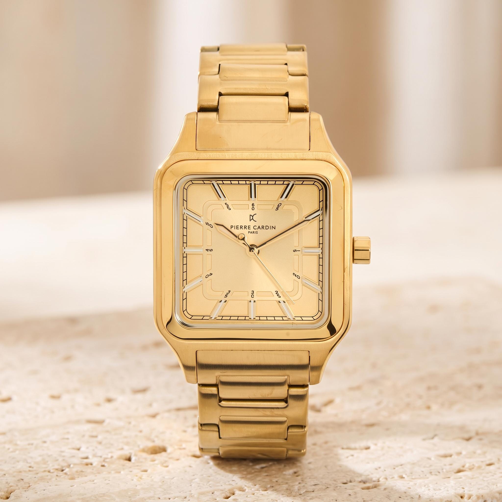 Pierre Cardin Gold Tone Square Watch, Stainless Steel Link Bracelet, Mens Gift