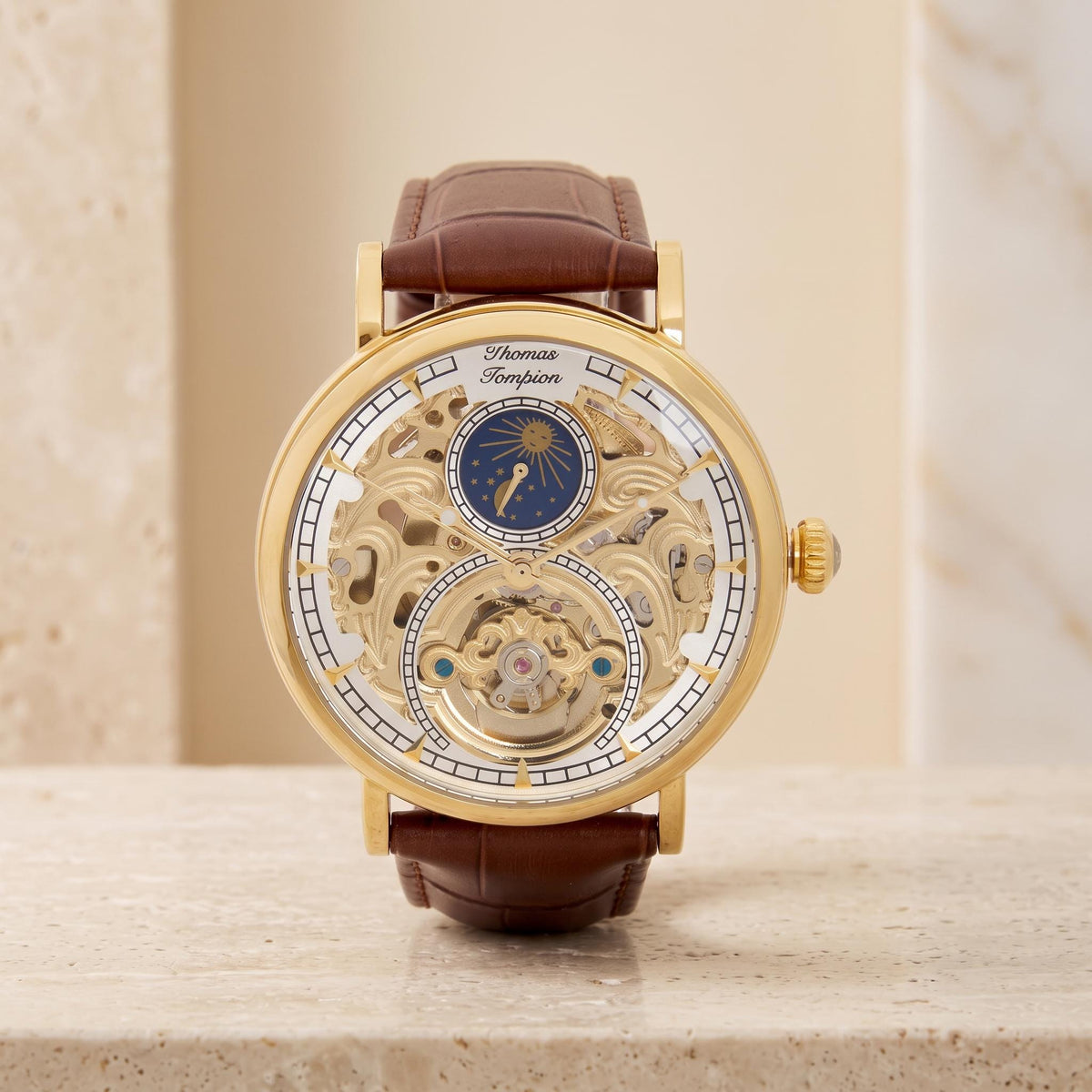 Thomas Tompion Skeleton Watch, Gold Tone Mens Gift, Brown Leather Strap