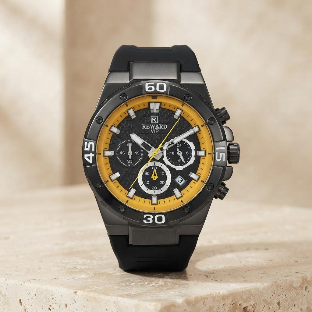 Reward Black Yellow Chronograph Watch, Mens Sport Gift, Silicone Band