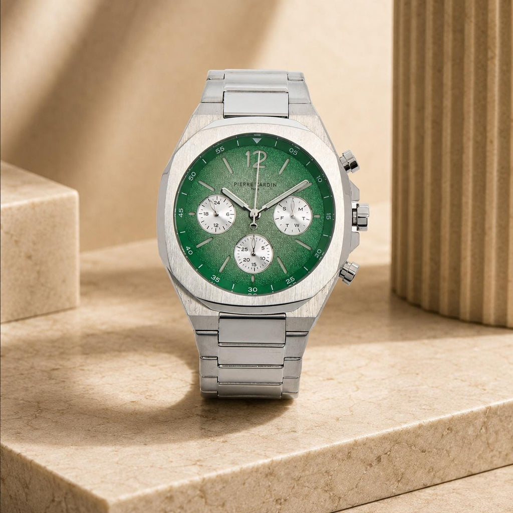 Pierre Cardin Green Dial Chronograph Watch, Stainless Steel Mens Gift