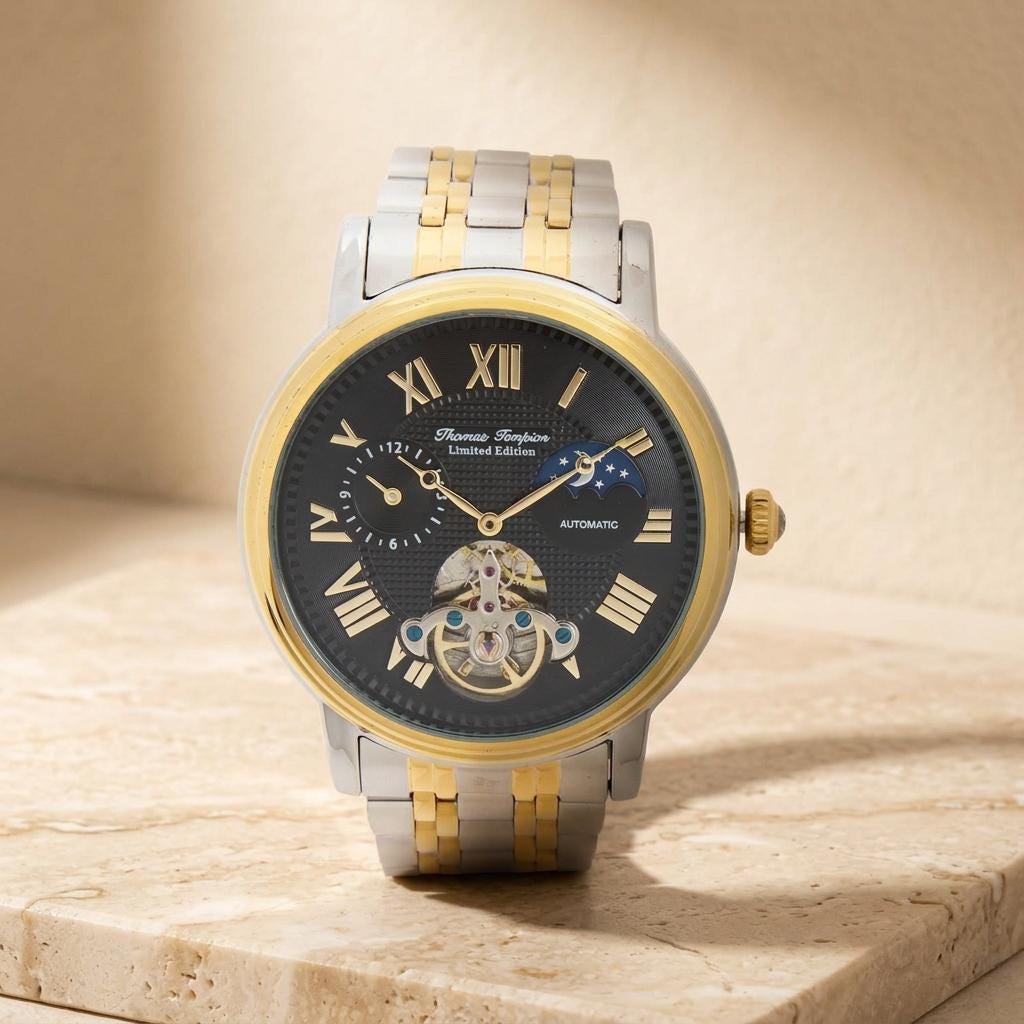Thomas Tompion Two Tone Watch, Mens Skeleton Moonphase Gift, Stainless Steel