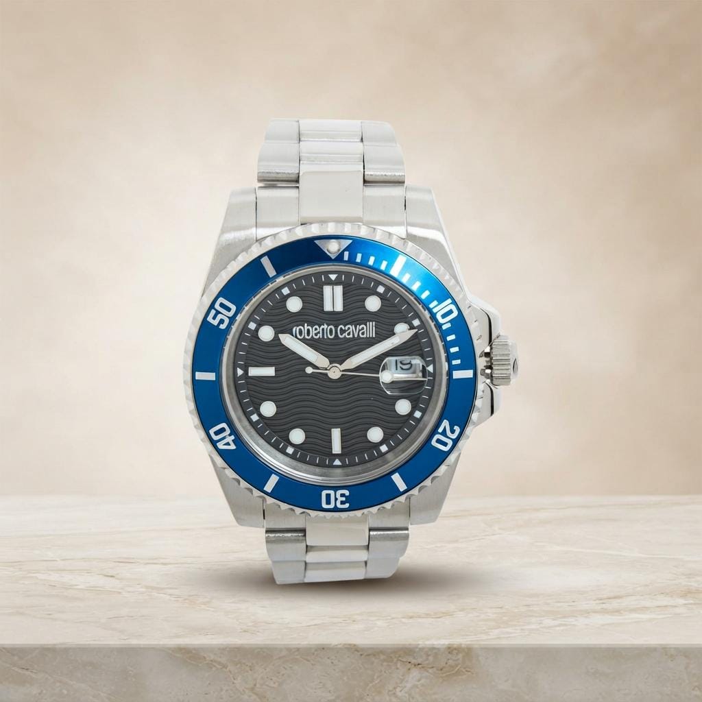 Roberto Cavalli Silver & Blue Watch, Mens Gift, Stainless Steel Diver Watch