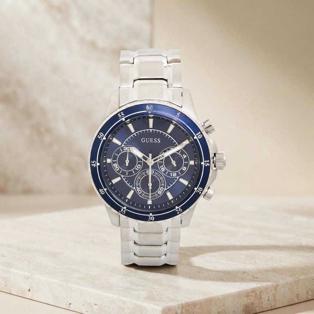 Guess Blue & Silver Stainless Steel Watch, Mens Gift, Chronograph Link Bracelet