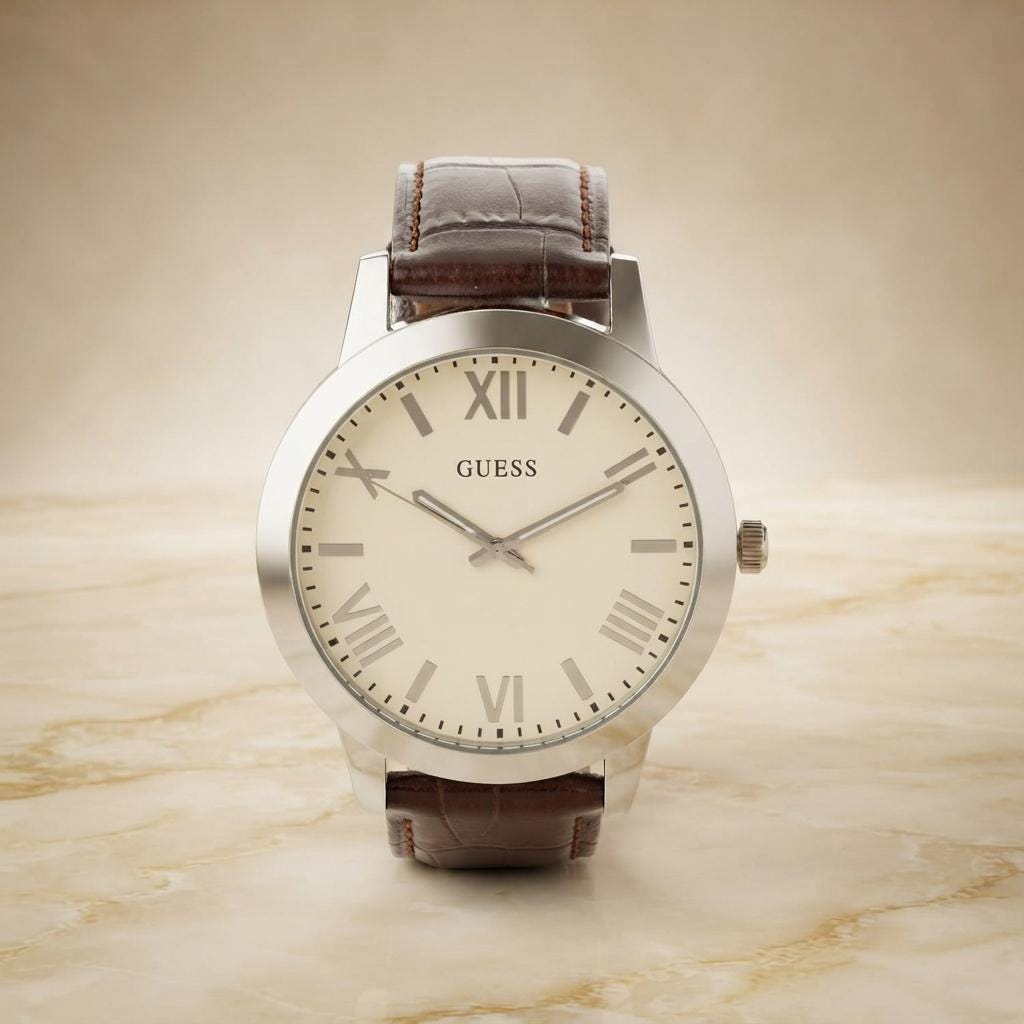 Guess Brown Leather Silver Watch, Mens Roman Numeral Gift Watch, Stainless Steel
