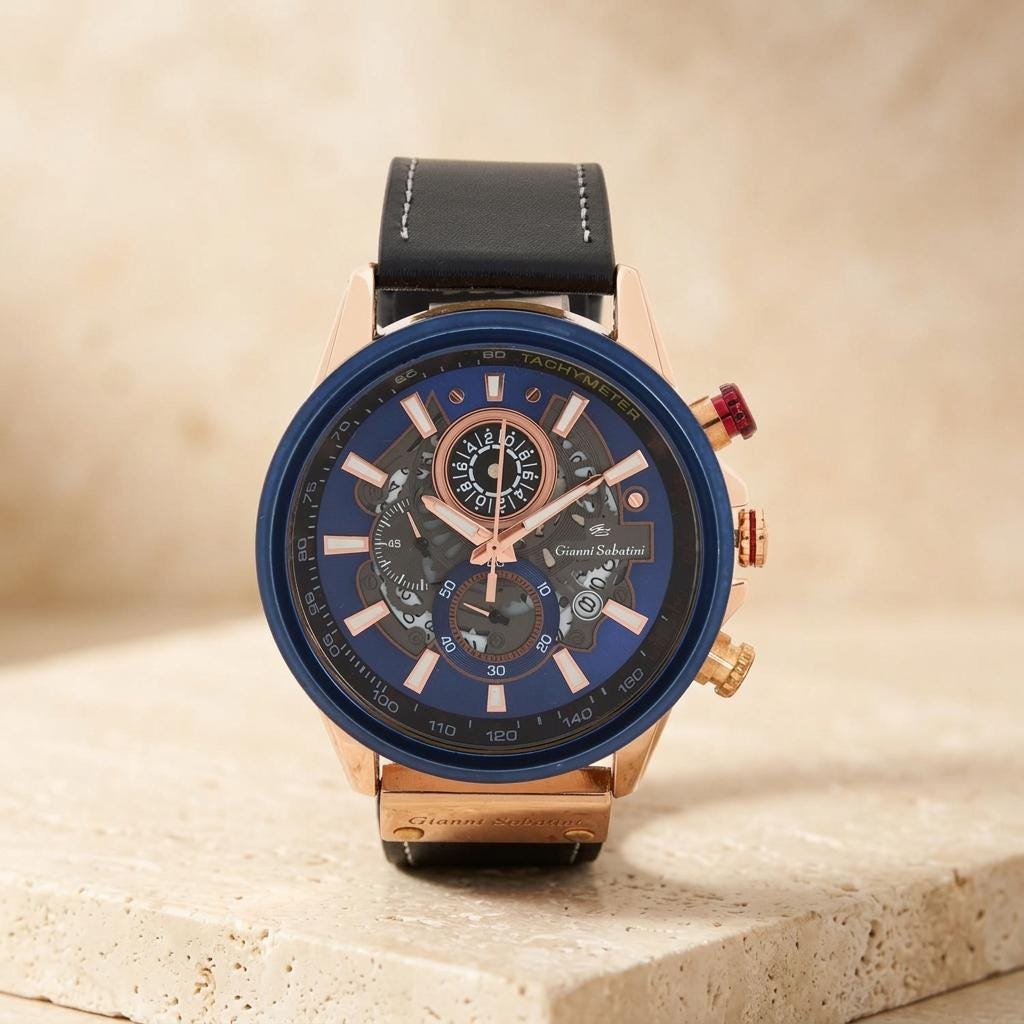 Gianni Sabatini Chronograph Watch, Rose Gold Blue Skeleton Dial Leather Mens Gift