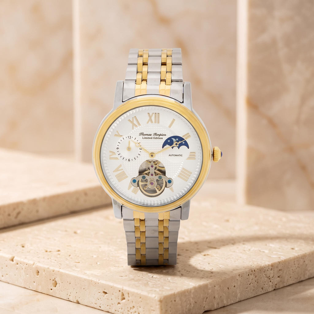 Thomas Tompion Two Tone Automatic Watch, Mens Gold Silver Skeleton Gift