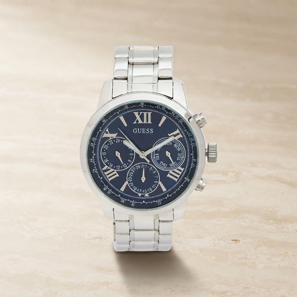 Guess Blue & Silver Chronograph Watch, Stainless Steel Mens Gift, Roman Numerals