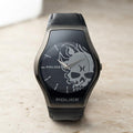 Police Black Leather Watch, Mens Designer Gift, Skull Dial