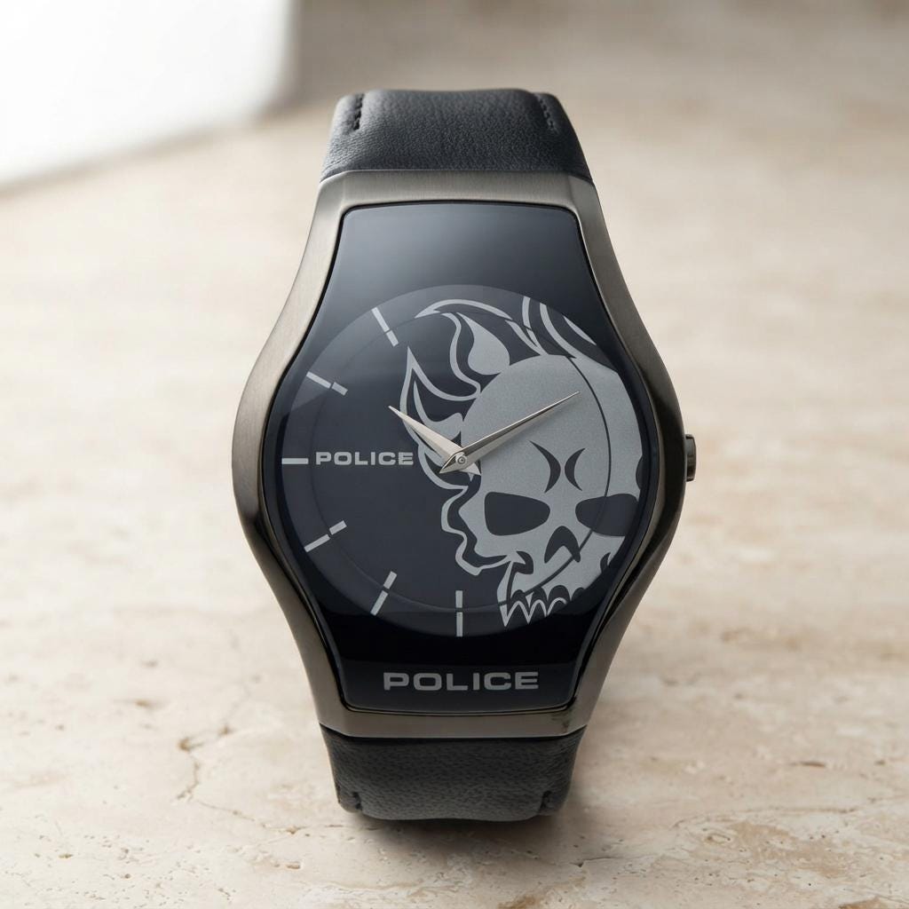 Police Black Leather Watch, Mens Designer Gift, Skull Dial