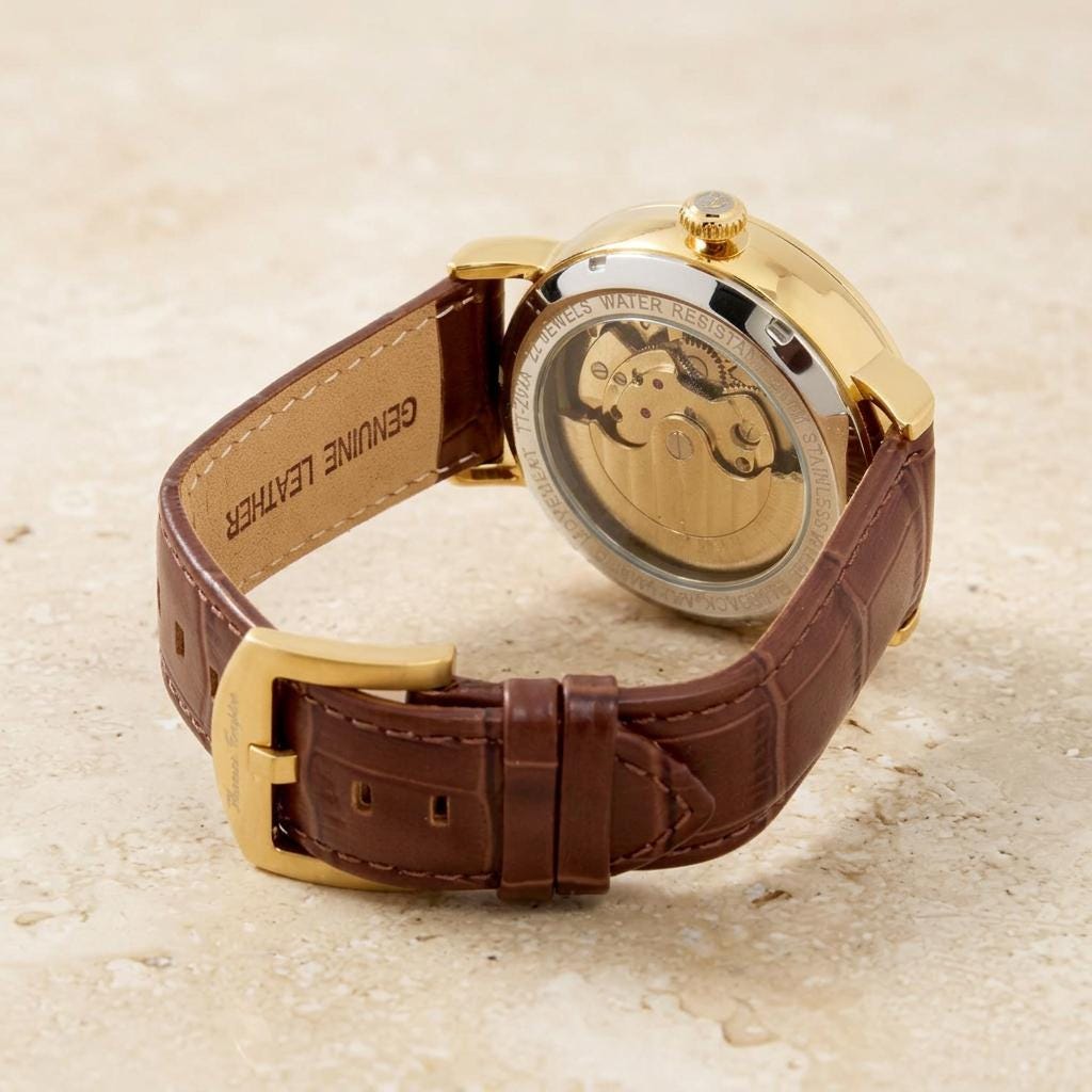 Thomas Tompion Skeleton Watch, Gold Tone Mens Gift, Brown Leather Strap