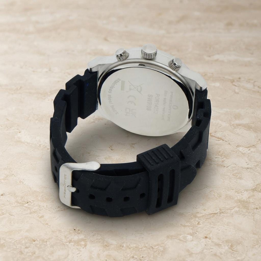 Predator Chronograph Watch, Blue & Silver Men's Gift, Silicone Strap