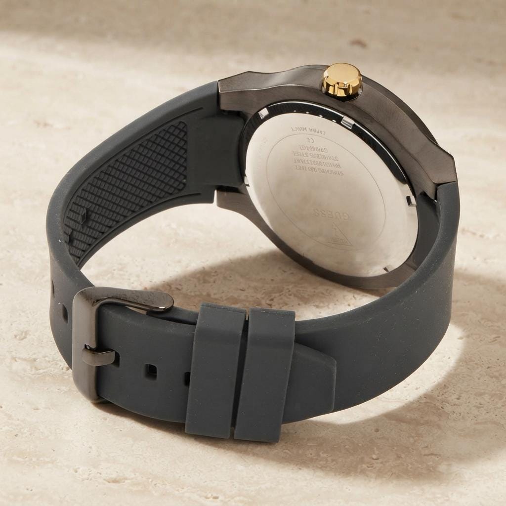 Guess Black & Gold Chronograph Watch, Mens Silicone Strap Gift Minimalist