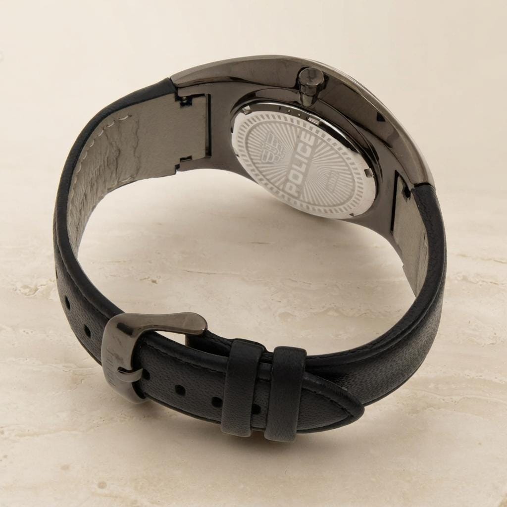 Police Black Leather Watch, Mens Designer Gift, Skull Dial