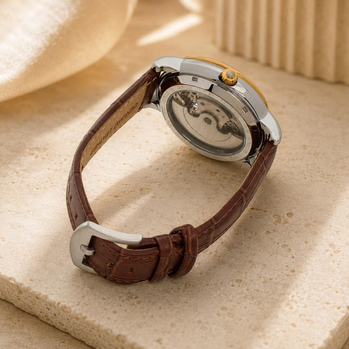 Thomas Tompion Brown Leather Automatic Watch, Skeleton Dial, Mens Gift